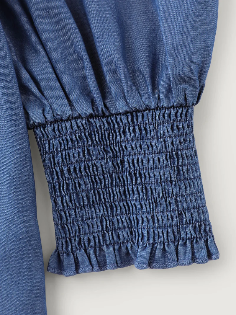 Denim Shirred Back Sweetheart Neck Blouse