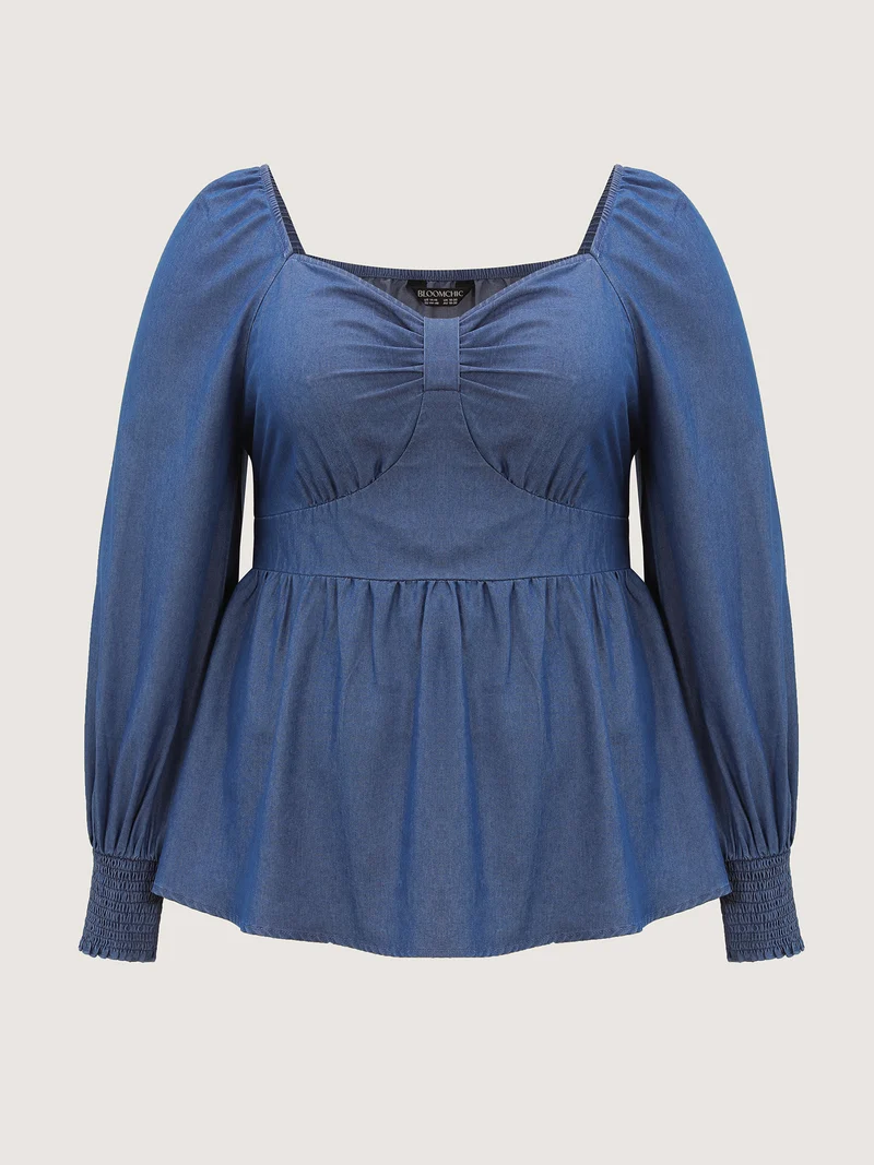 Denim Shirred Back Sweetheart Neck Blouse