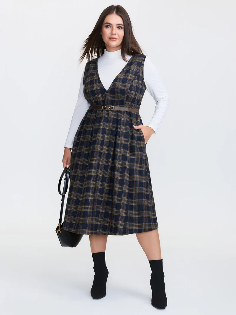 Checkered Pleated Pocket Midi Dress