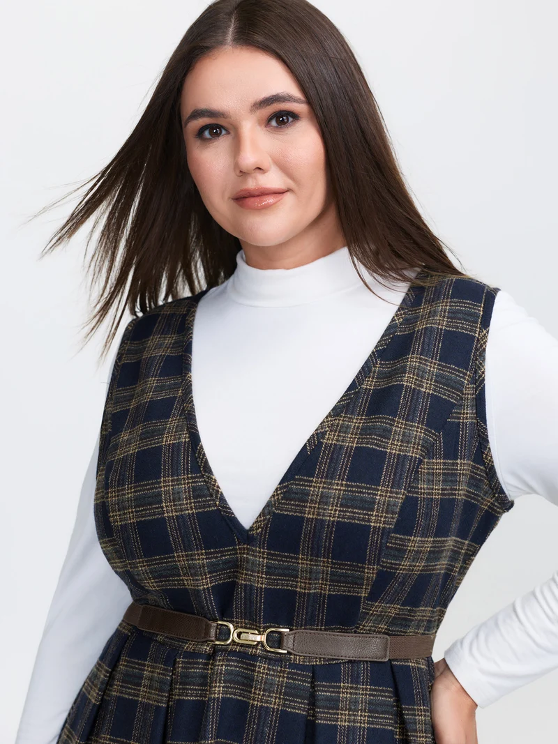 Checkered Pleated Pocket Midi Dress