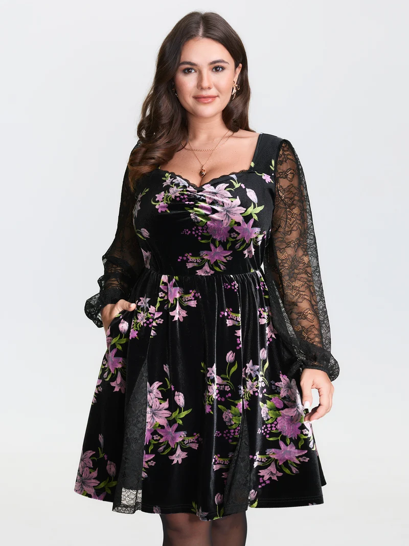 Velvet Floral Sheer Lace Knee Dress
