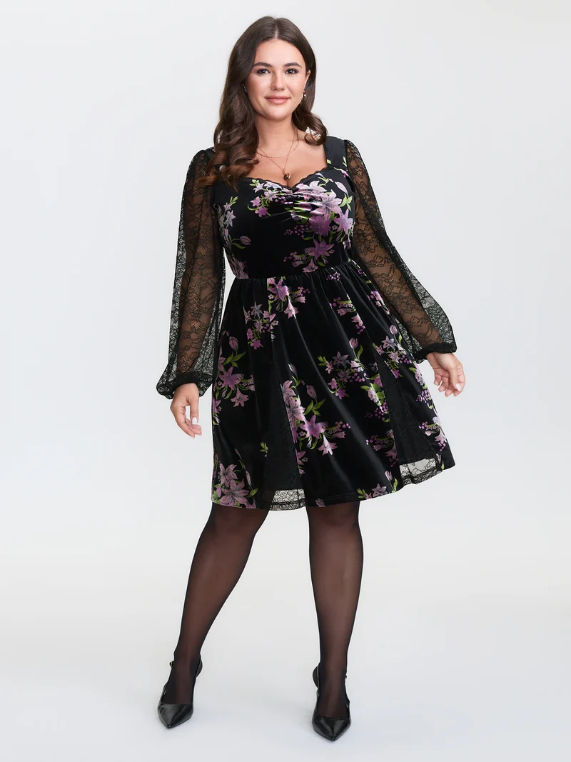 Velvet Floral Sheer Lace Knee Dress