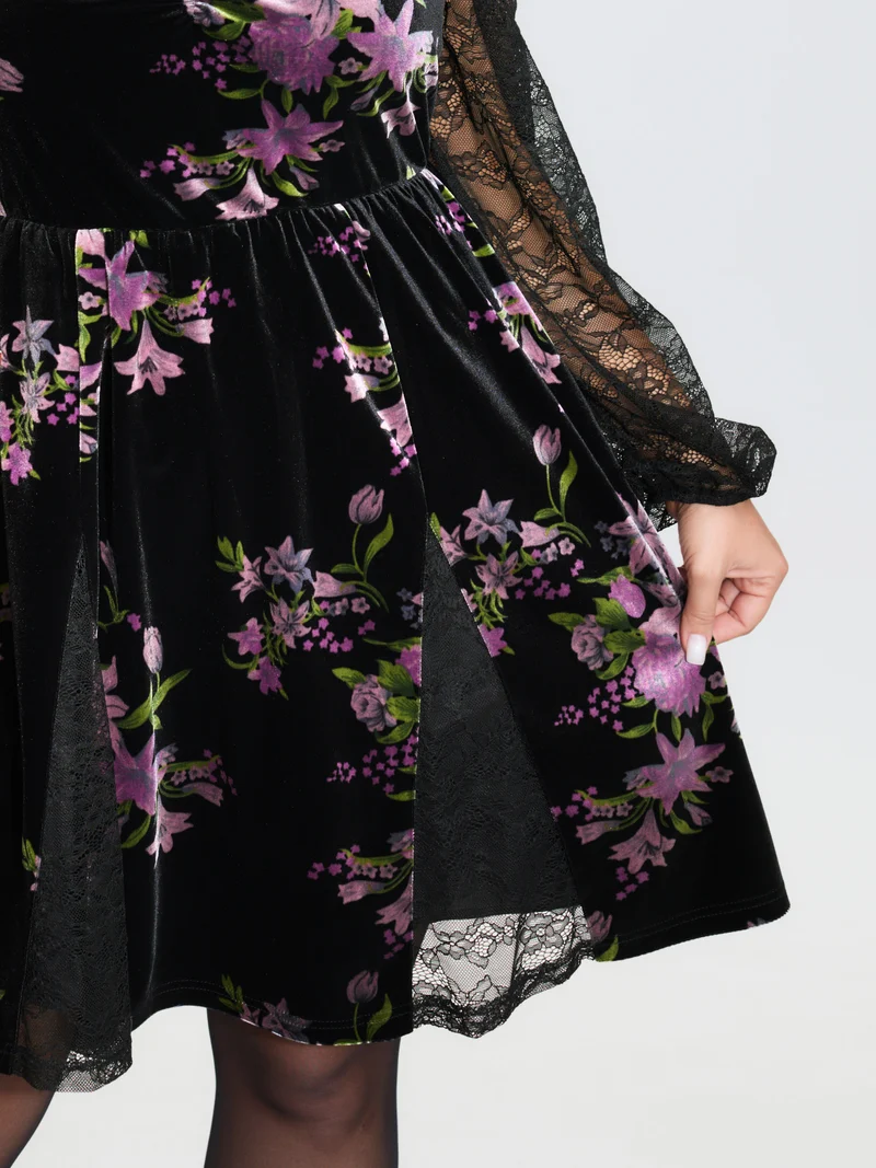 Velvet Floral Sheer Lace Knee Dress