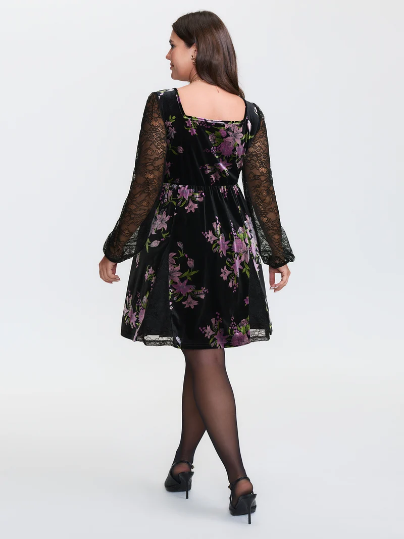Velvet Floral Sheer Lace Knee Dress