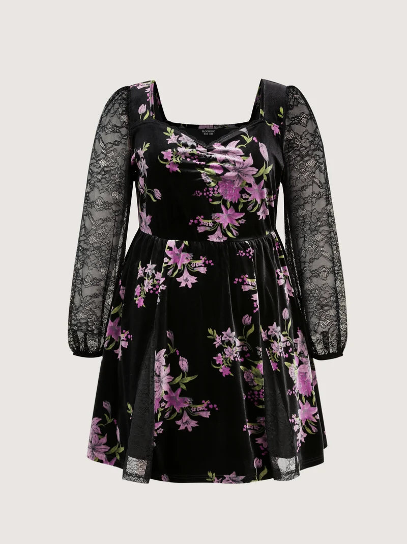 Velvet Floral Sheer Lace Knee Dress