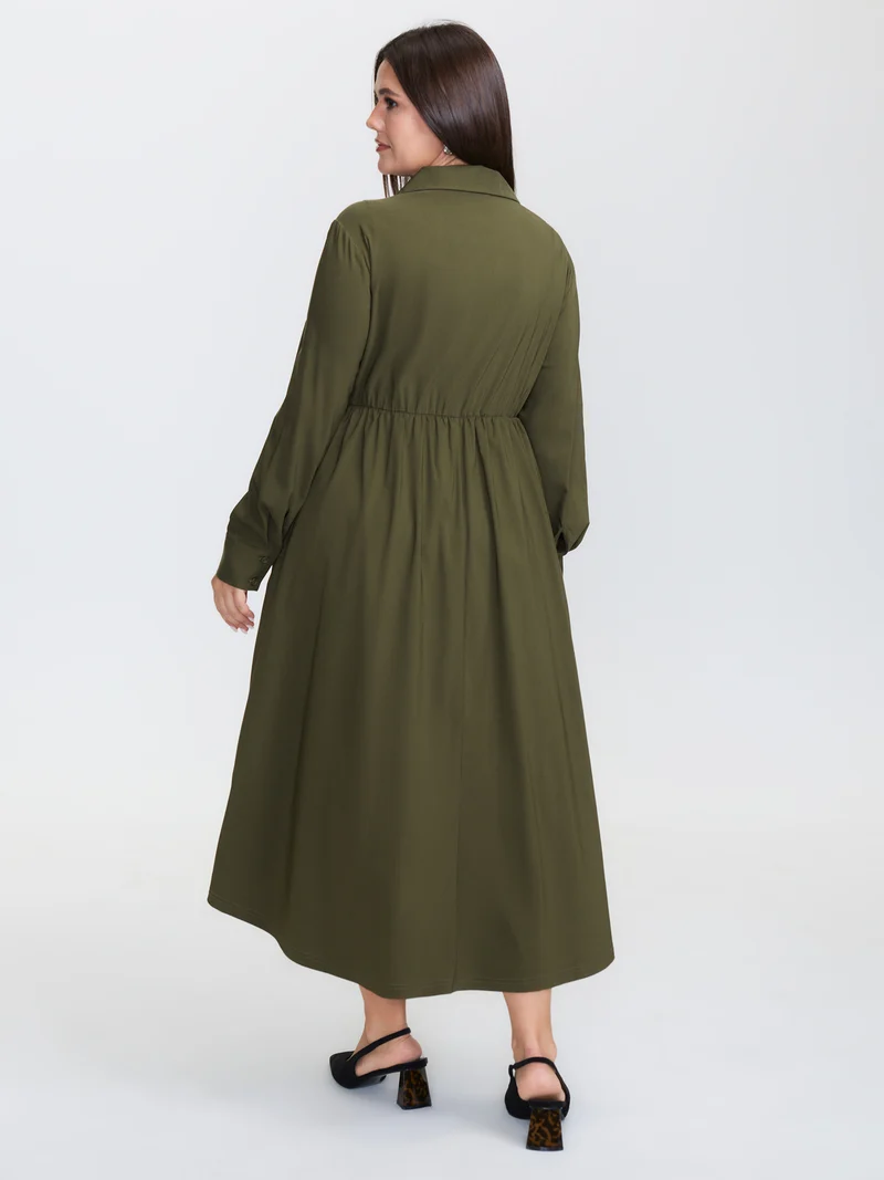 Arc Hem Cinched-Waist Shirt Maxi Dress
