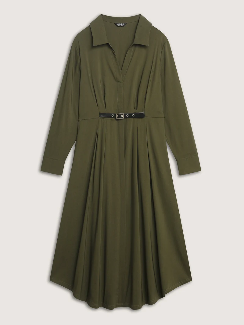 Arc Hem Cinched-Waist Shirt Maxi Dress