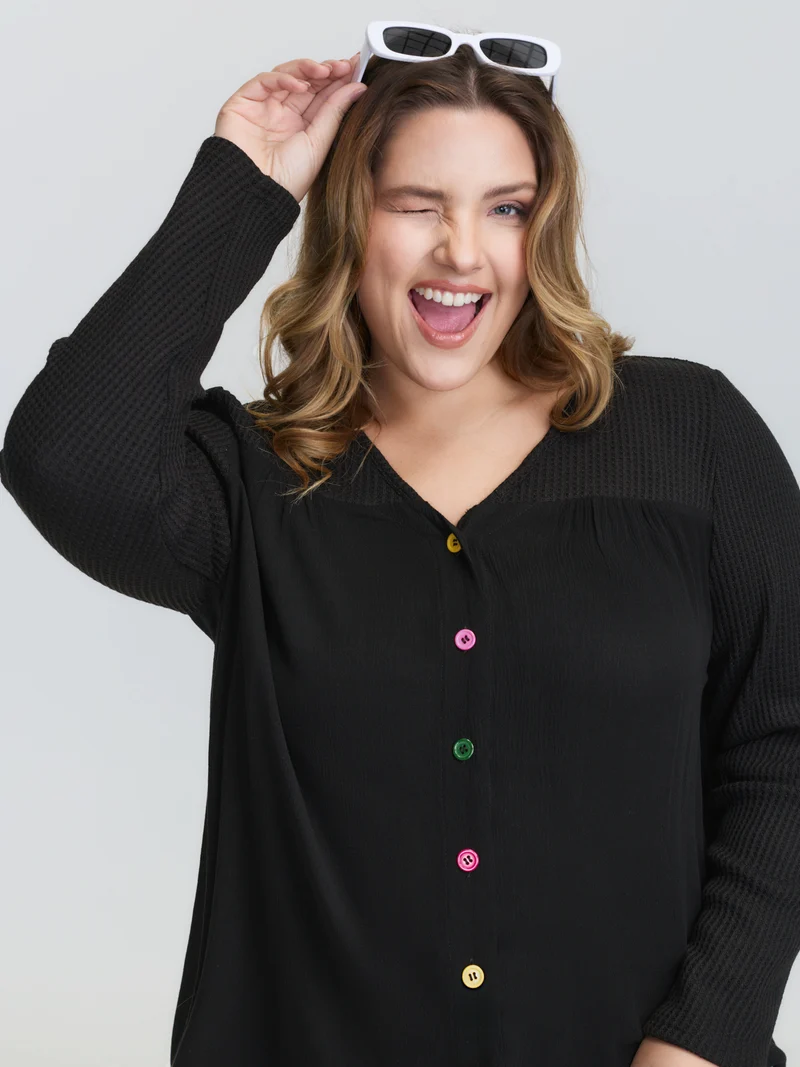 Stretchy Textured Colorful Button Blouse