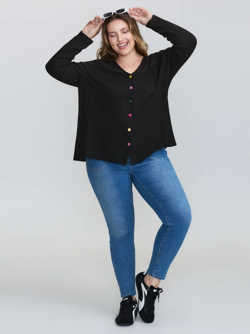 Stretchy Textured Colorful Button Blouse