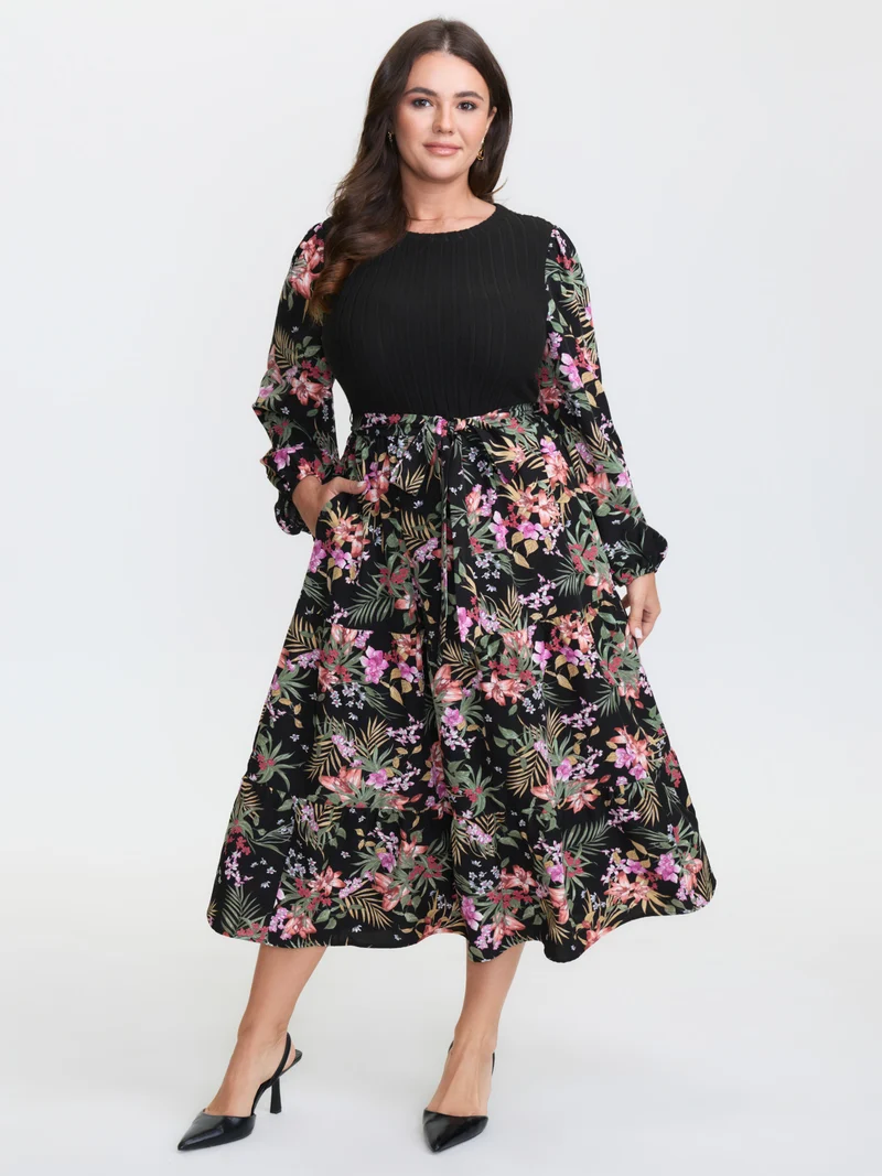 Floral Print Color Contrast Midi Dress