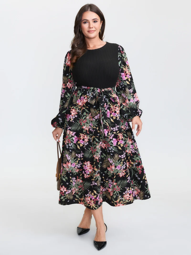 Floral Print Color Contrast Midi Dress