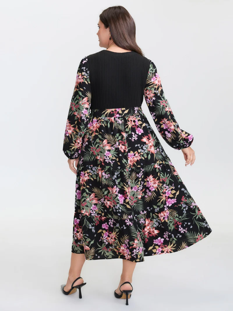Floral Print Color Contrast Midi Dress