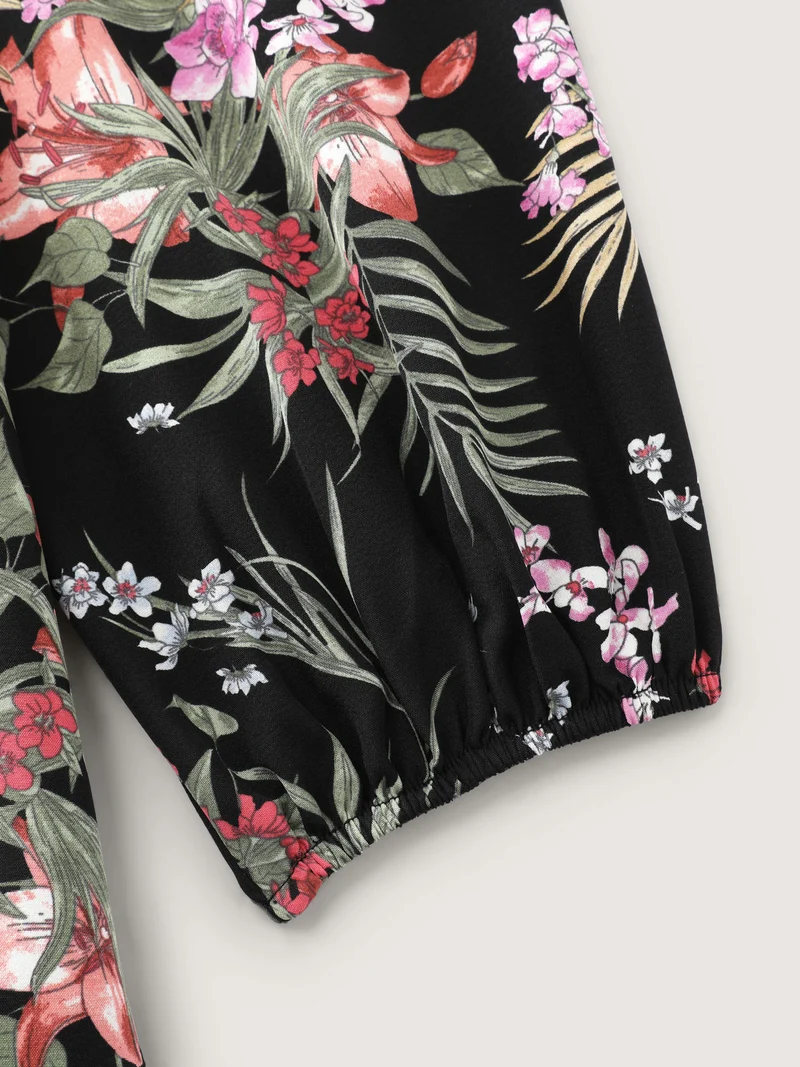 Floral Print Color Contrast Midi Dress