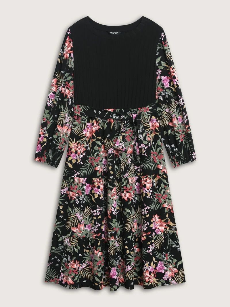 Floral Print Color Contrast Midi Dress