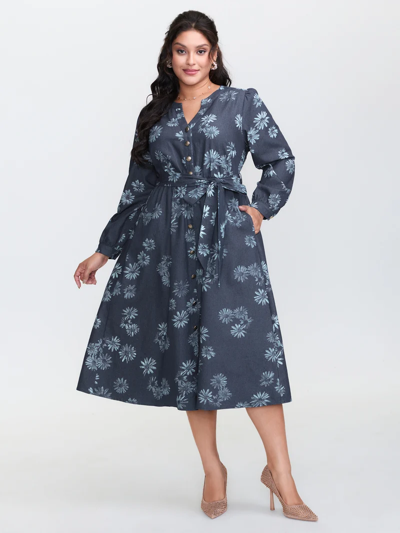 Floral Print Belted Waist Midi Denim Dress