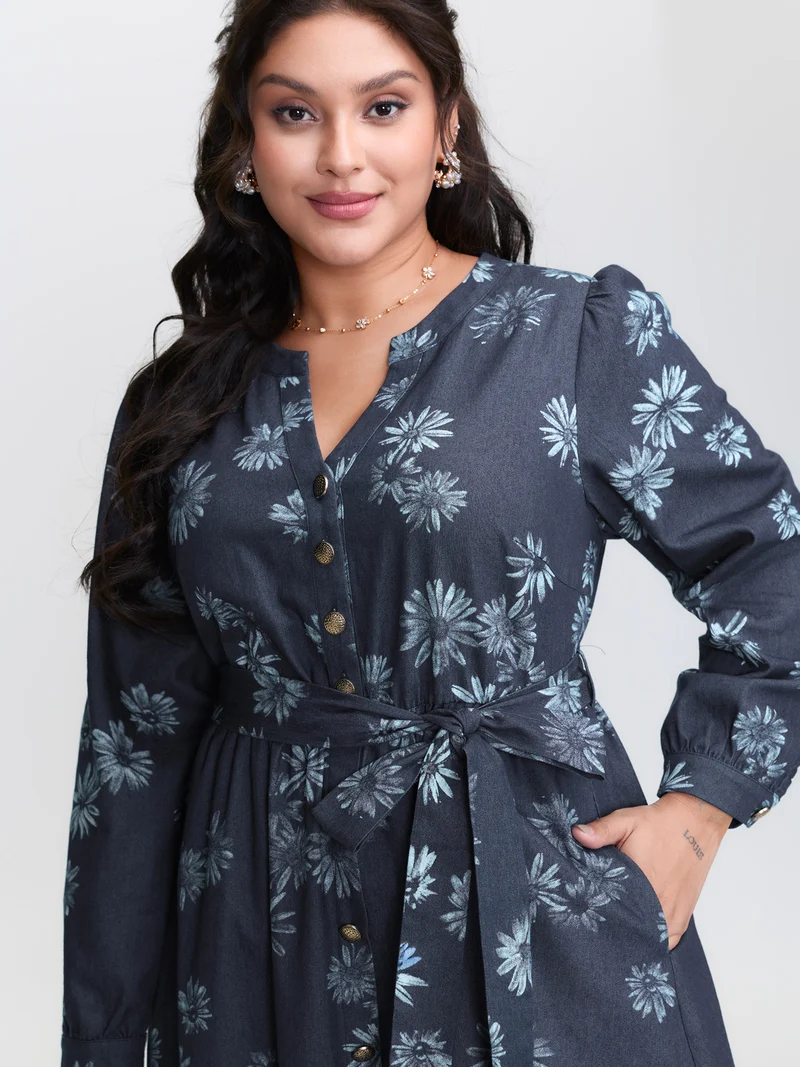 Floral Print Belted Waist Midi Denim Dress