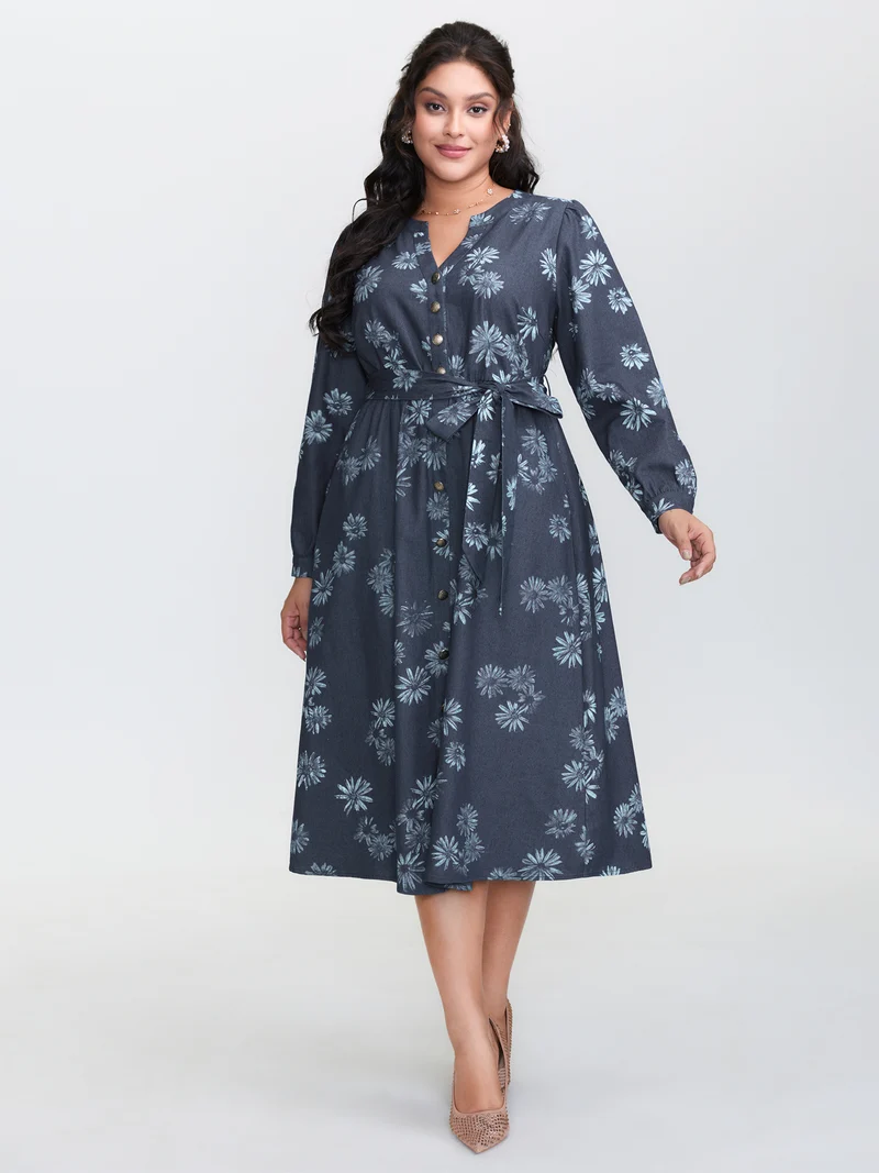 Floral Print Belted Waist Midi Denim Dress