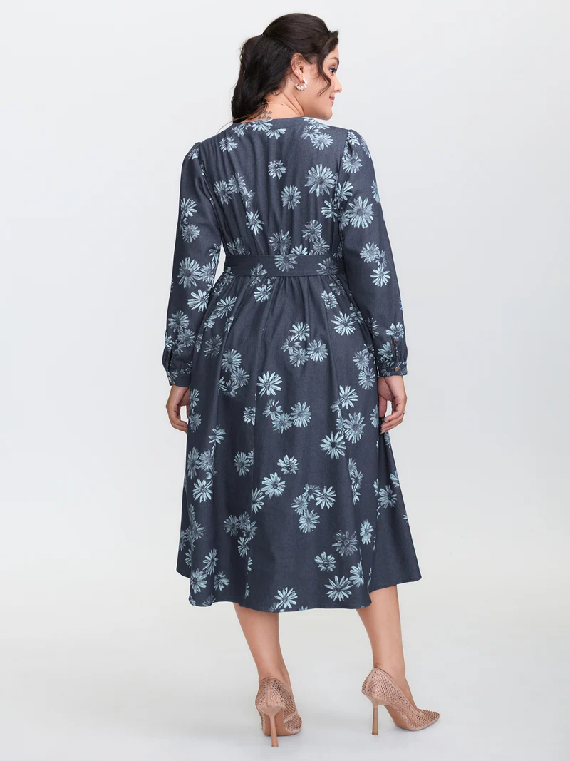 Floral Print Belted Waist Midi Denim Dress