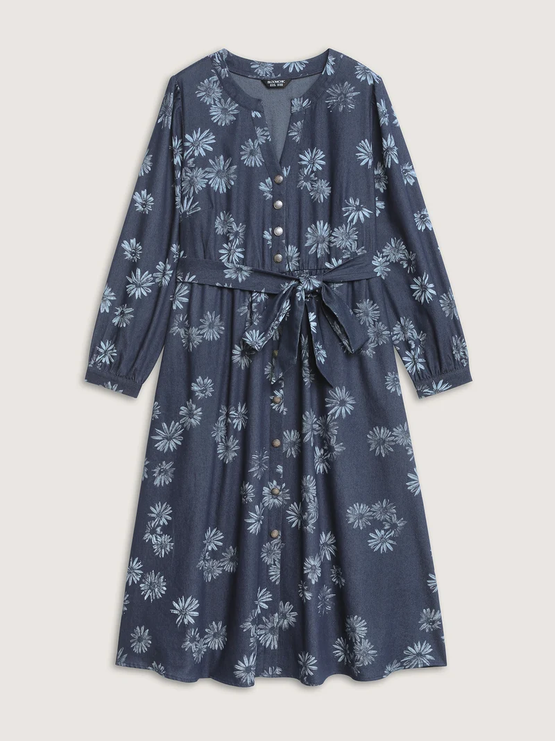Floral Print Belted Waist Midi Denim Dress