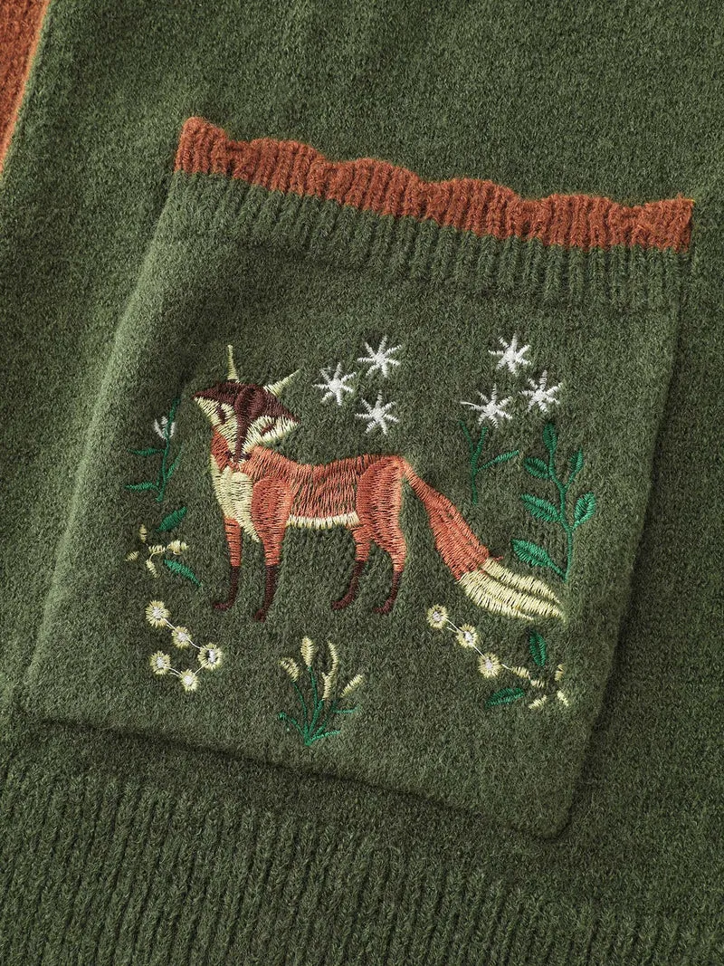 Holiday Fox Jacquard Pattern Knit Cardigan