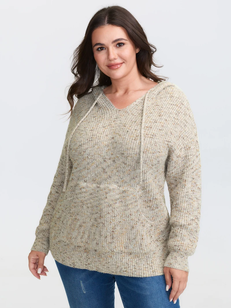 Heather Hooded Pocket Ribbed Hem Pullover