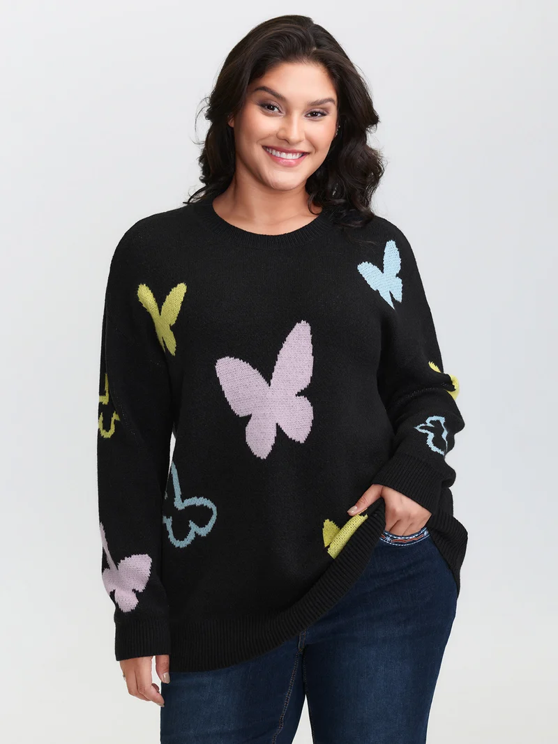 Butterfly Jacquard Pattern Round Neck Pullover