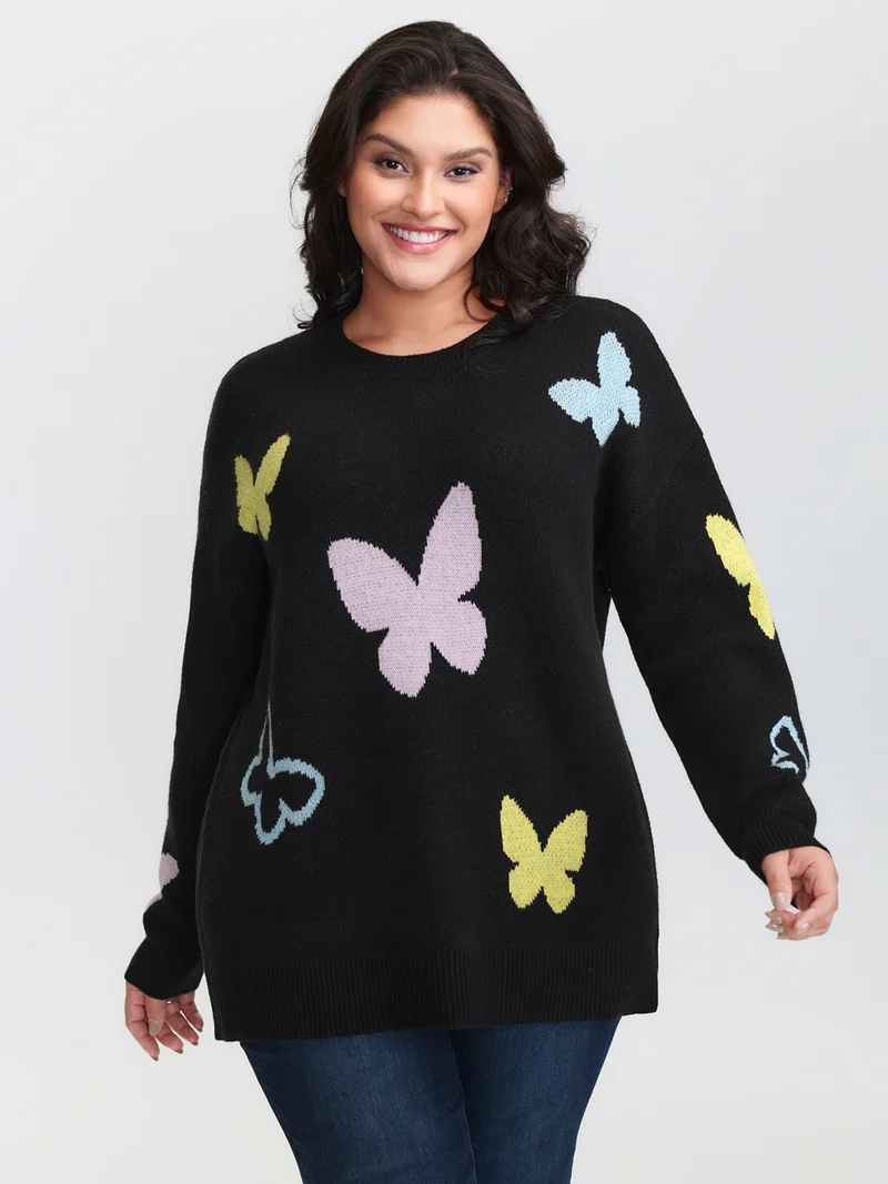 Butterfly Jacquard Pattern Round Neck Pullover