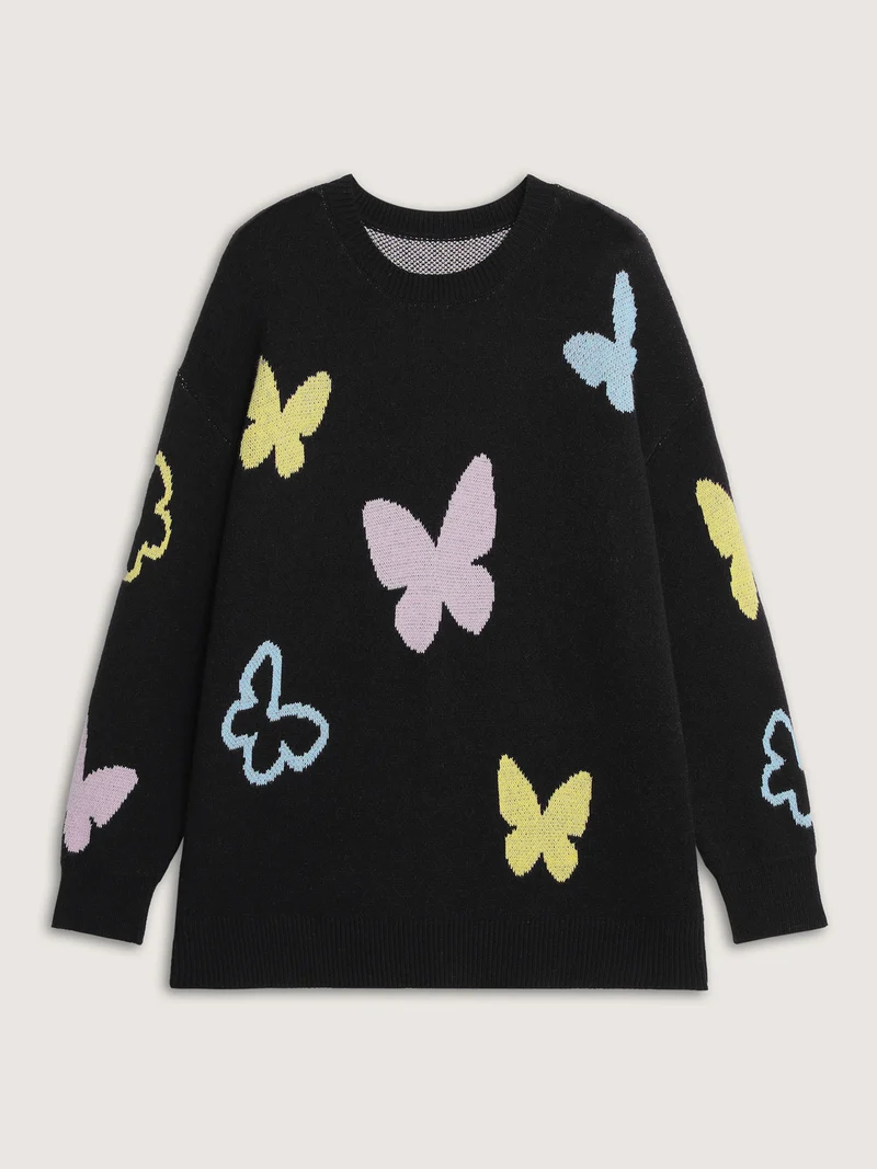 Butterfly Jacquard Pattern Round Neck Pullover