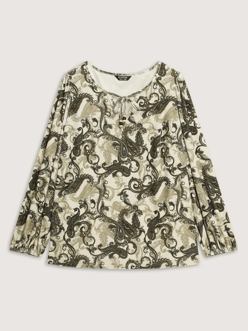 Paisley Velvety Print Lantern Sleeve Blouse