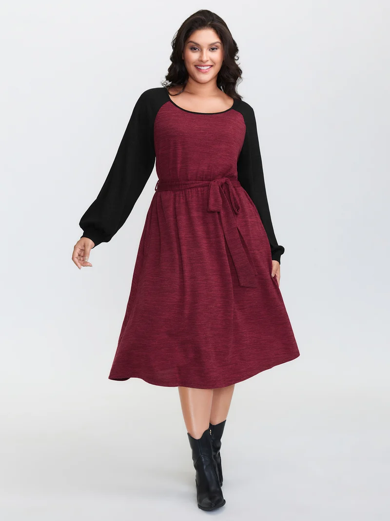 Color Contrast Back Cut-Out Stretchy Midi Dress