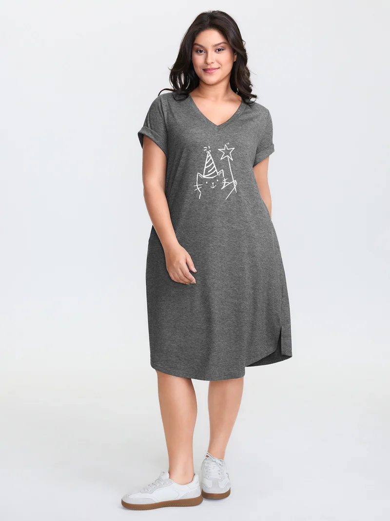Supersoft Happy Cat Motif V-Neck Midi Dress