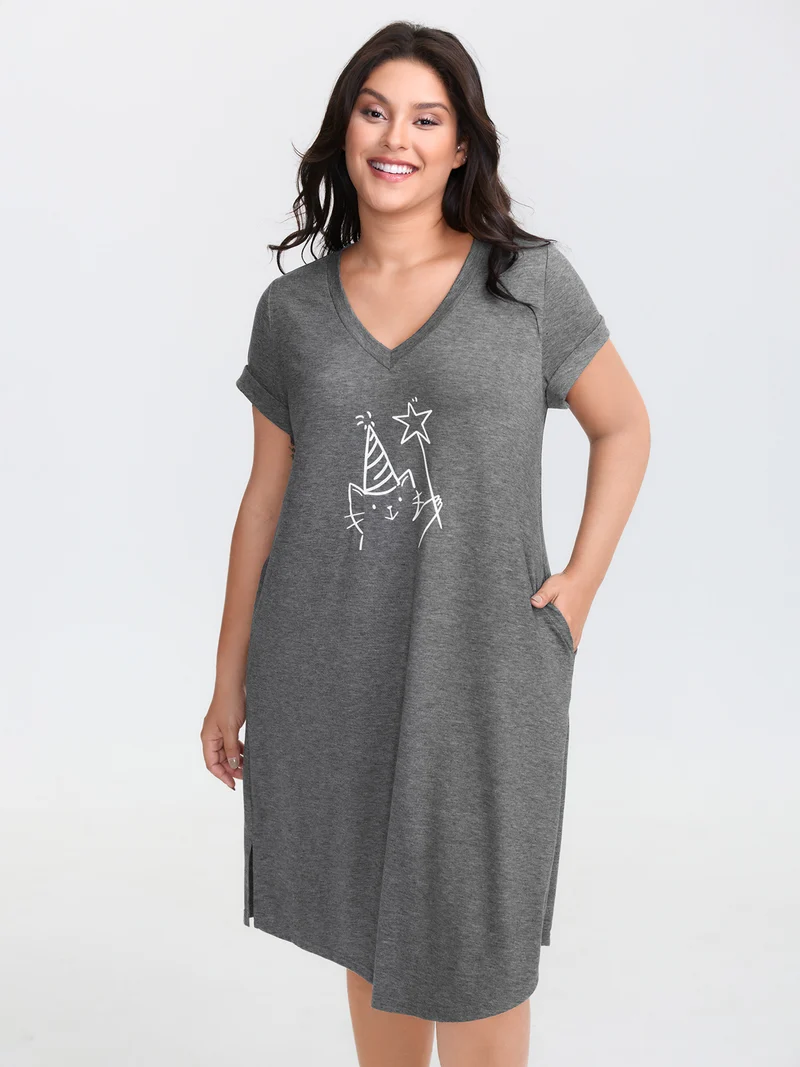 Supersoft Happy Cat Motif V-Neck Midi Dress