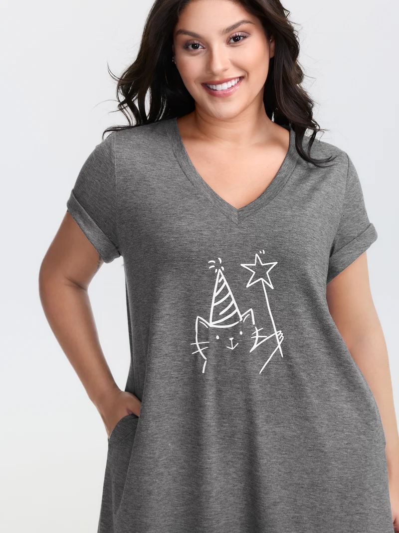 Supersoft Happy Cat Motif V-Neck Midi Dress