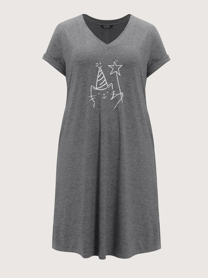 Supersoft Happy Cat Motif V-Neck Midi Dress