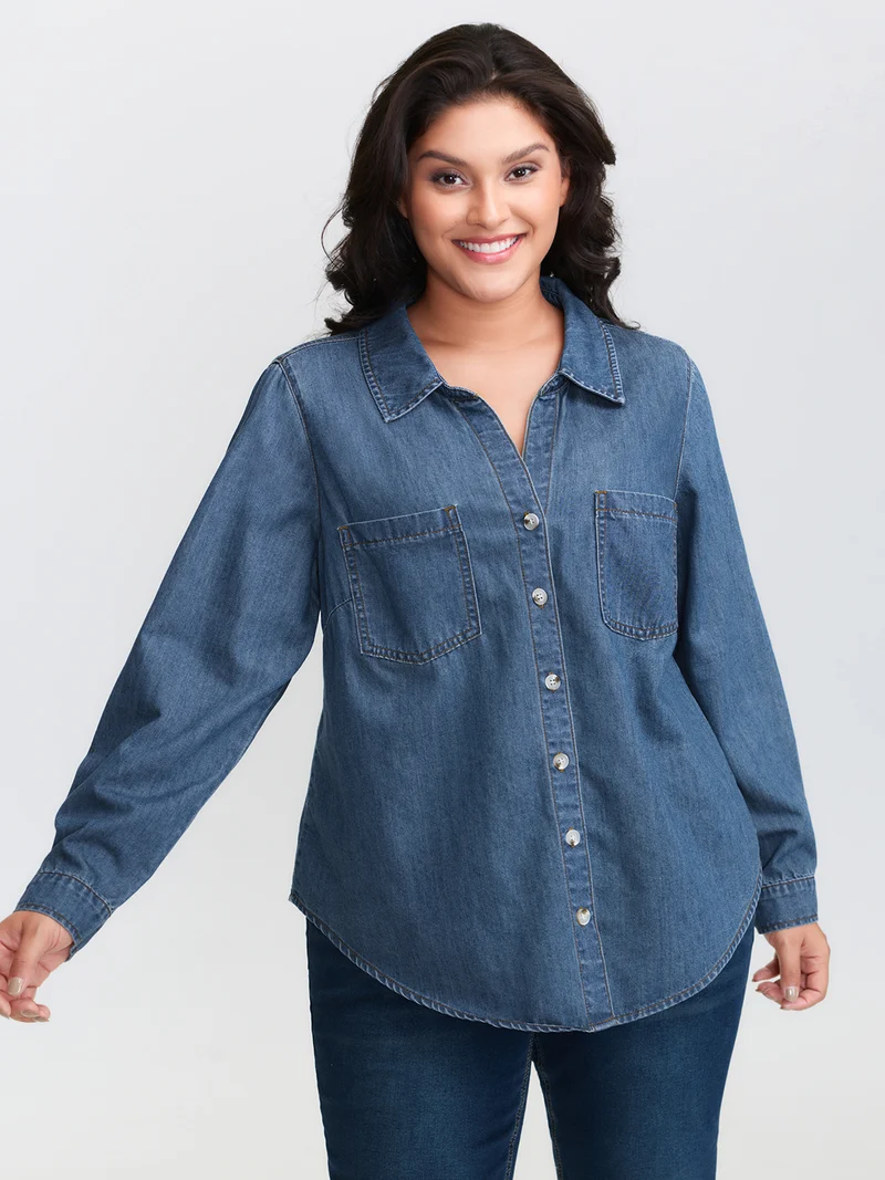Button-Down Curvy Hem Denim Top