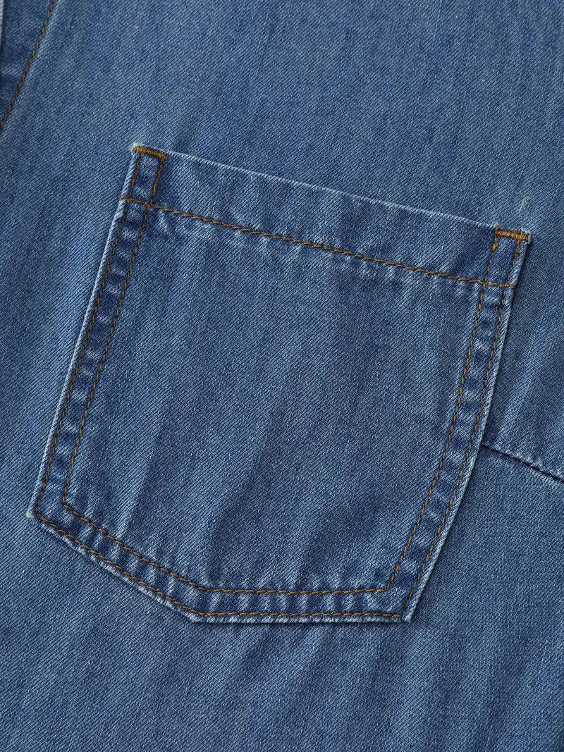 Button-Down Curvy Hem Denim Top