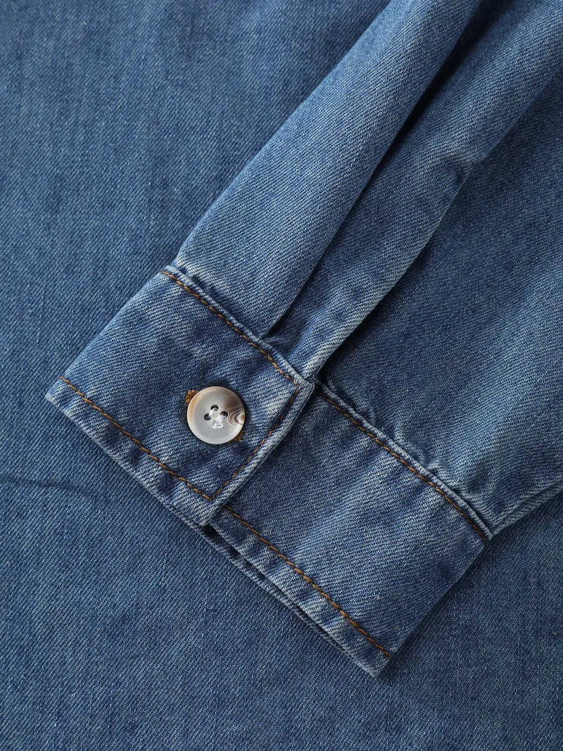 Button-Down Curvy Hem Denim Top