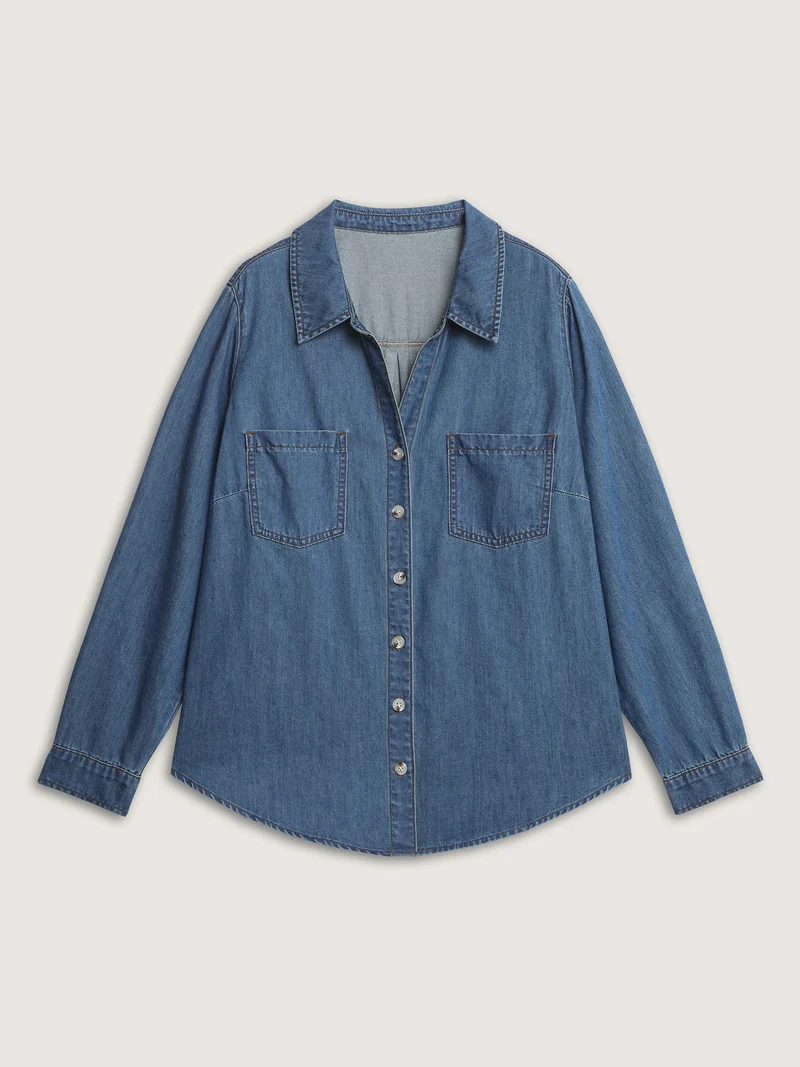 Button-Down Curvy Hem Denim Top