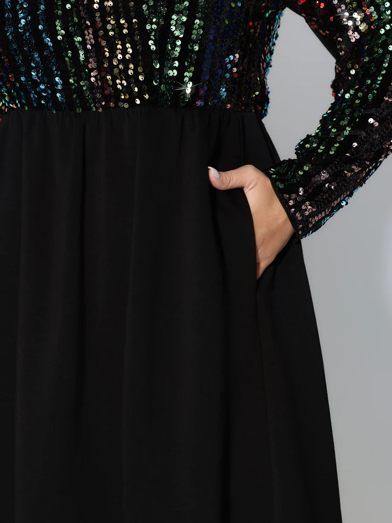 Sparkly Colorful Sequins Contrast Midi Dress