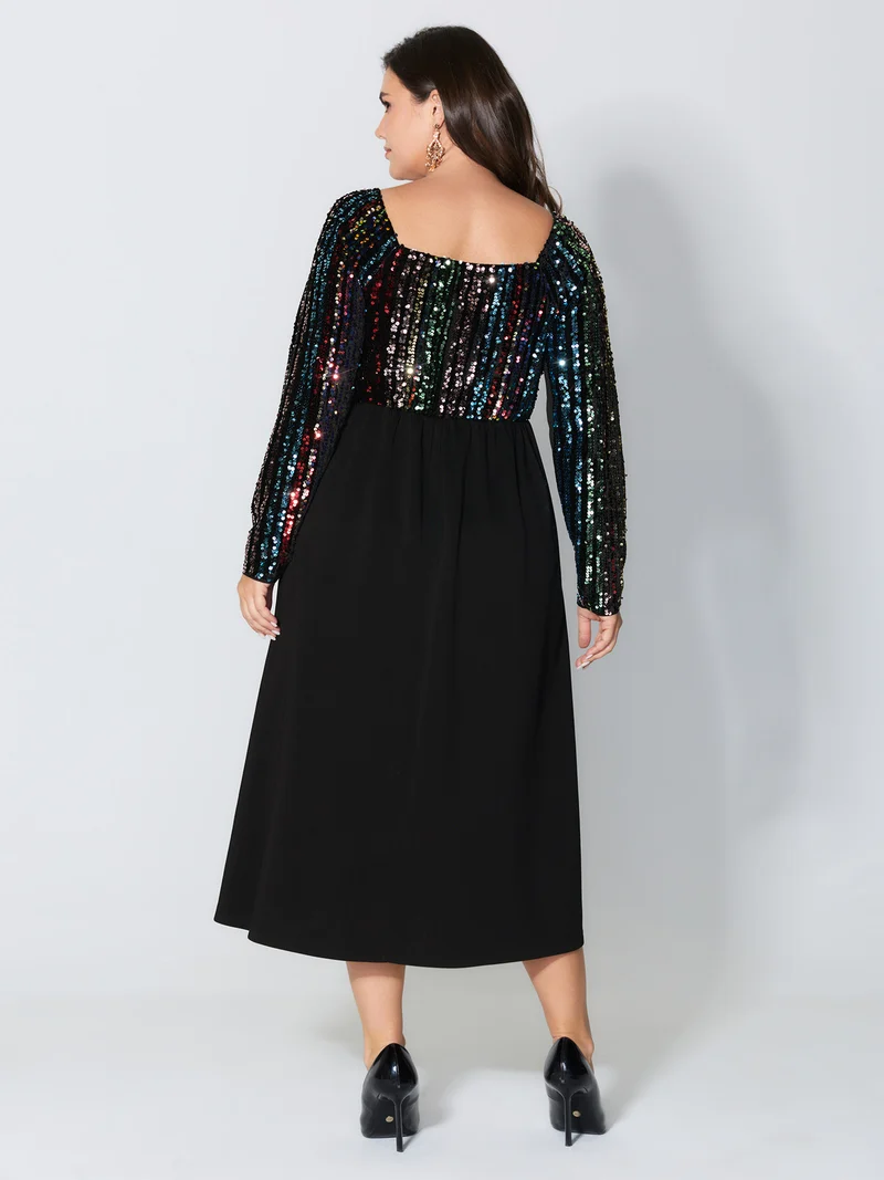 Sparkly Colorful Sequins Contrast Midi Dress