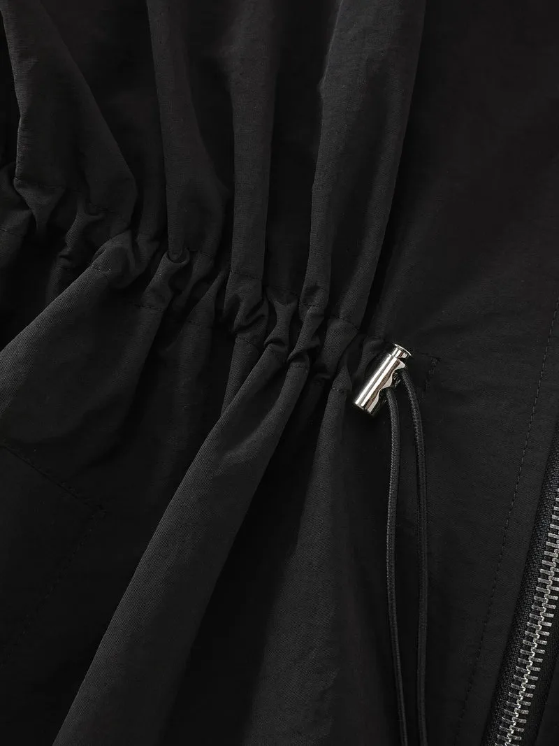 Drawstring Pockets Zipper Long Coat