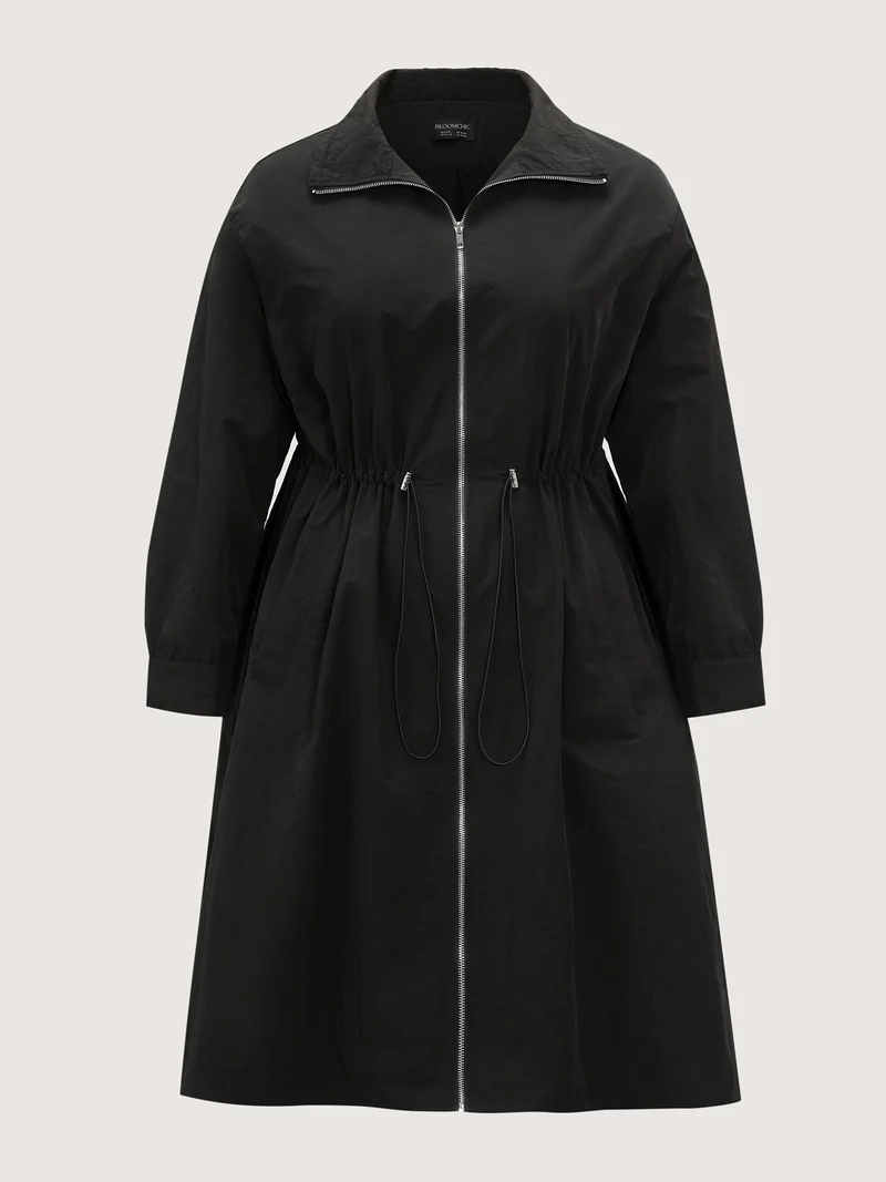 Drawstring Pockets Zipper Long Coat