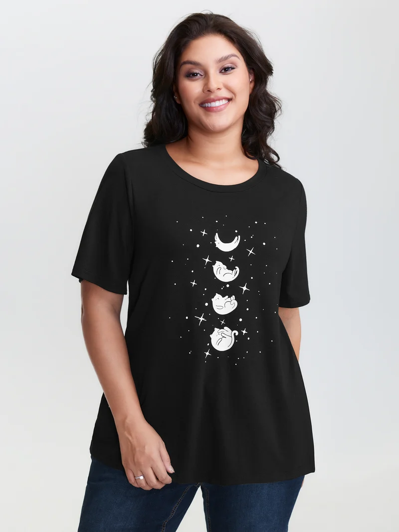 Midnight Cat Pattern Round Neck T-Shirt