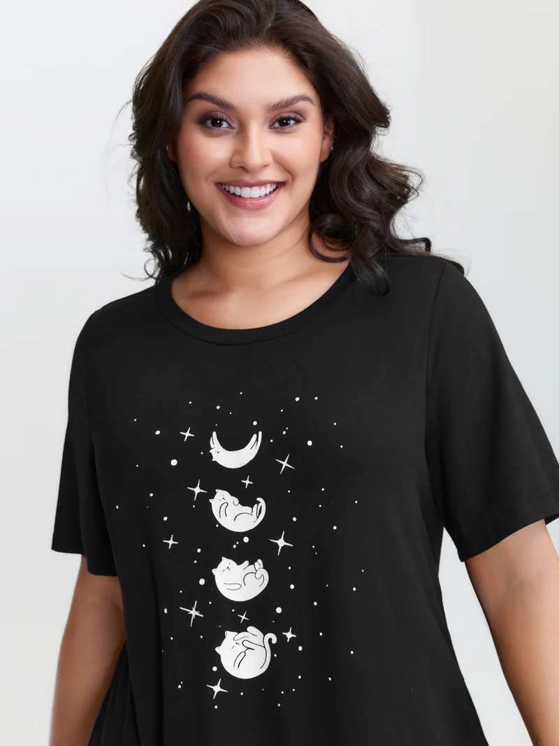 Midnight Cat Pattern Round Neck T-Shirt