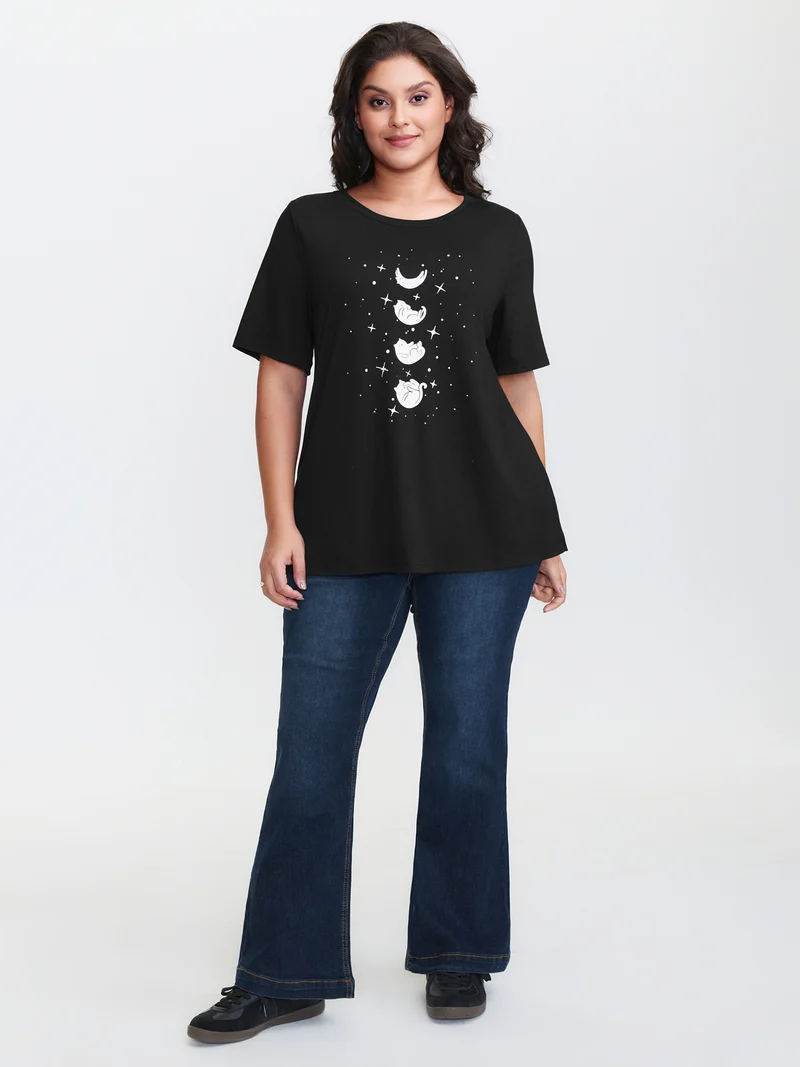 Midnight Cat Pattern Round Neck T-Shirt