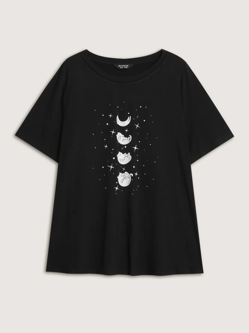 Midnight Cat Pattern Round Neck T-Shirt