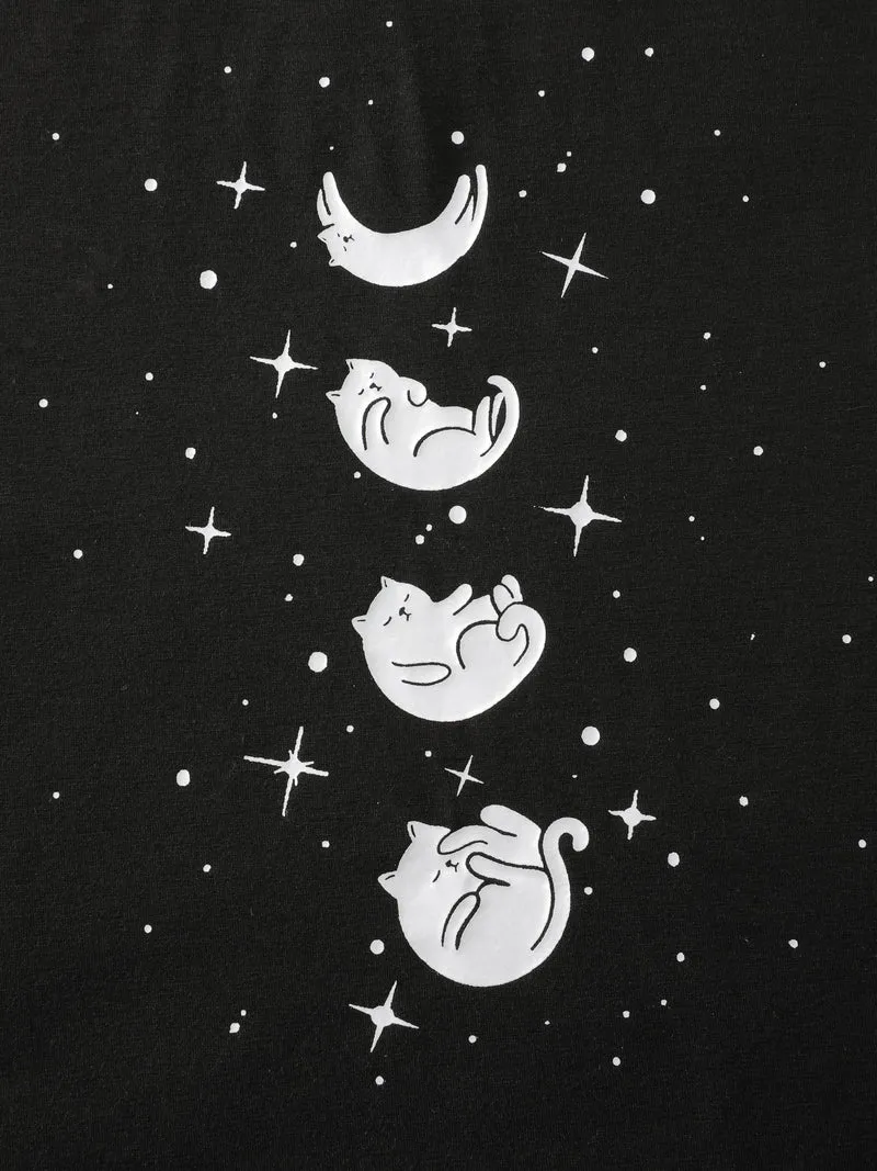 Midnight Cat Pattern Round Neck T-Shirt