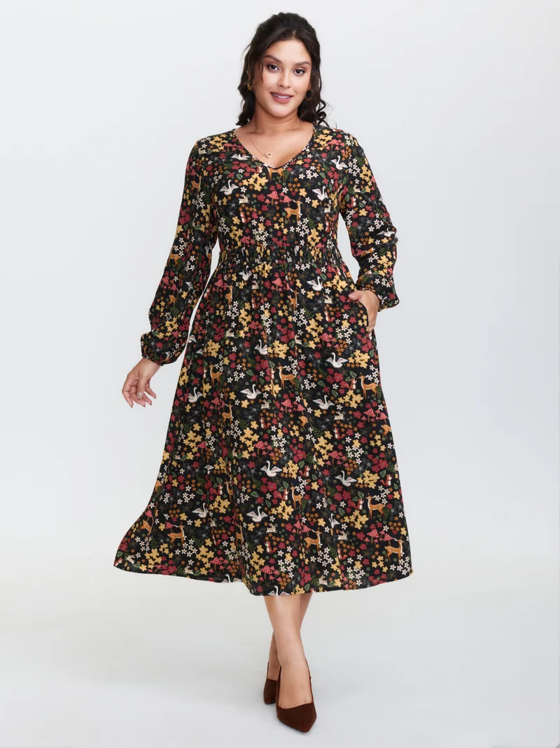Floral Garden Print Cinched-Waist Midi Dress