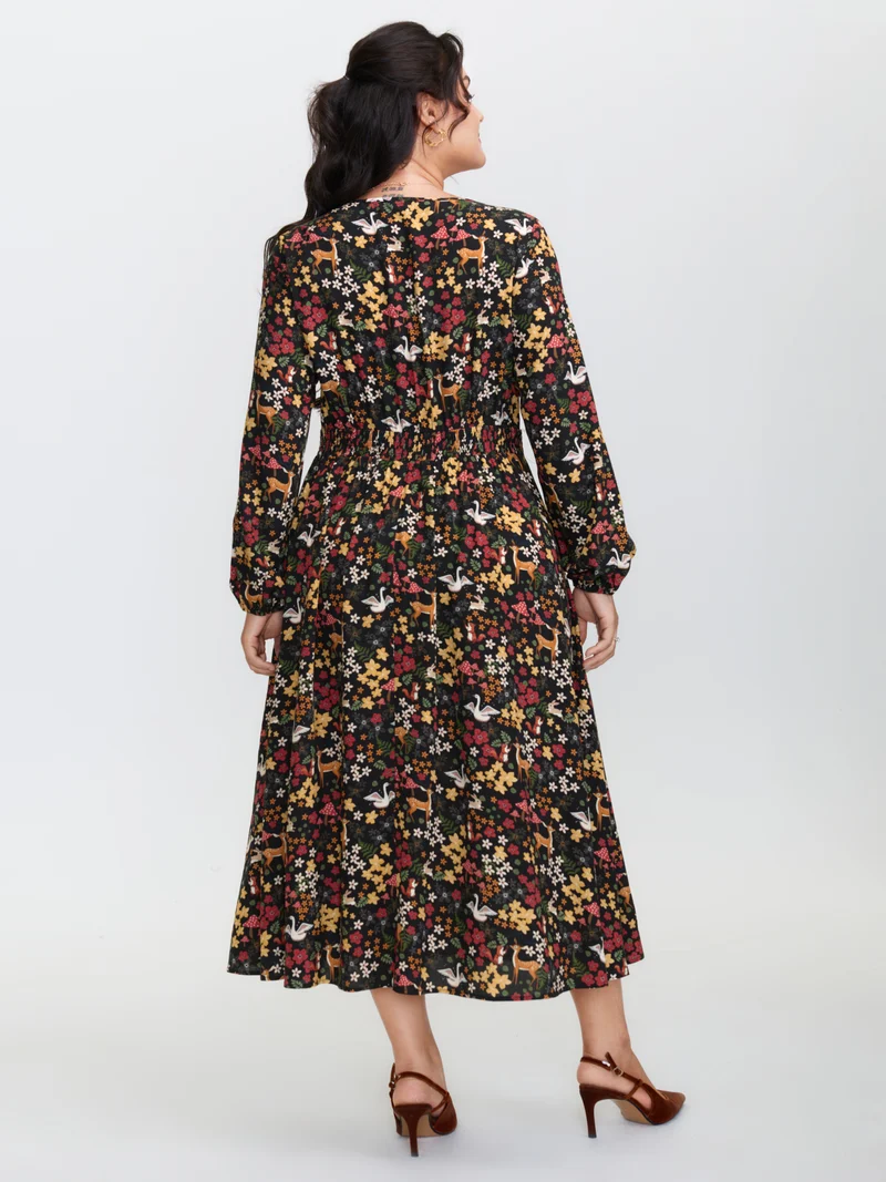 Floral Garden Print Cinched-Waist Midi Dress