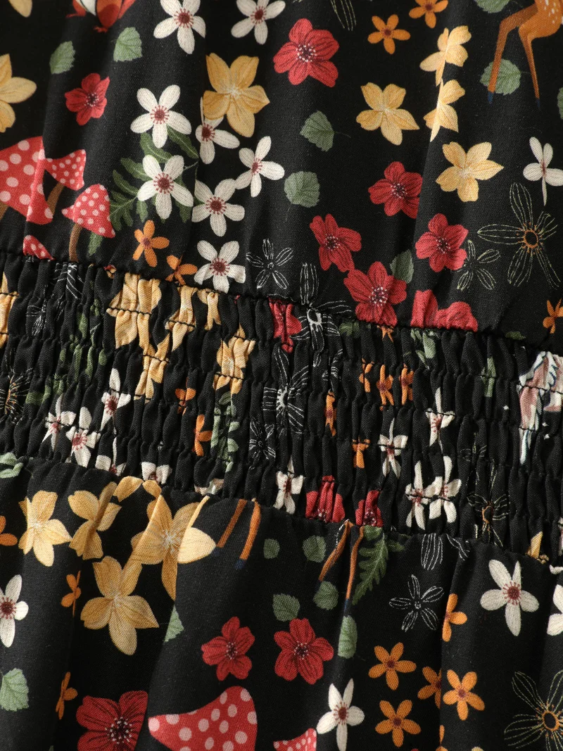Floral Garden Print Cinched-Waist Midi Dress